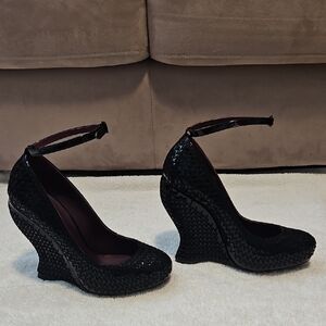 Bottega Black Wedge Ankle-Strap Women's Wedges New